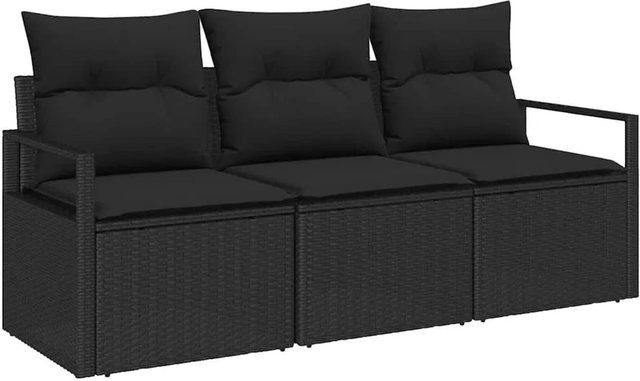 vidaXL Garten-Sofa-Set 3-teilig aus Poly Rattan in Schwarz mit UV-beständigen Polsterkissen - Bild 1