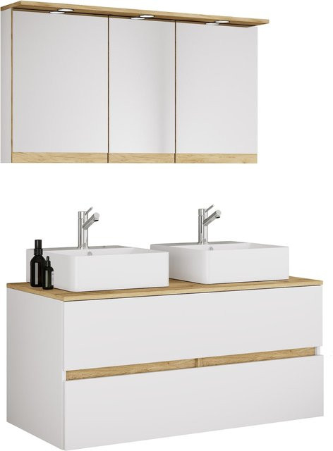 VCM Doppelwaschtisch Cosila 4-tlg. Set in Weiß mit 2 Keramikbecken, Unterschrank mit Softclose-Schubladen und Spiegelschrank mit LED-Beleuchtung und Steckdose, B/T/H: 111 x 51 x 51 cm - Bild 1