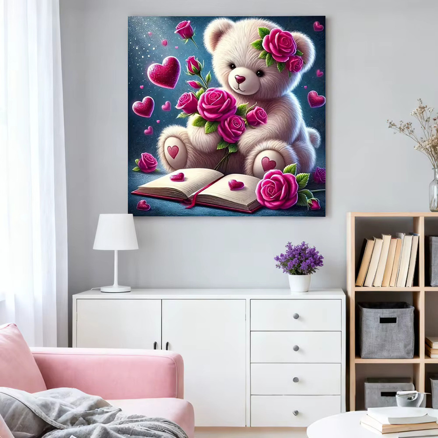 HUACAN Diamantmalerei Bär mit Rosen und Blumen als Mosaik-Kunstset in Mehrfarben, runde Wanddekoration - Bild 3
