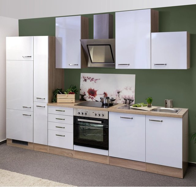 Flex-Well Exclusiv Küchenzeile Valero in Hochglanz Weiß und Sonoma Eiche, B: 310 cm, H: 200 cm, T: 57 cm - Bild 1
