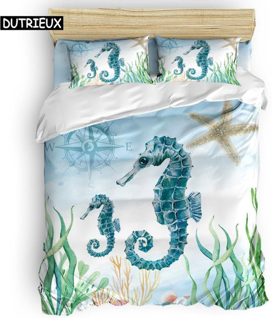 Binchi Outdoor Product Bettwäscheset mit Seepferdchen und Unterwasserwelt in Orange und Blau, 3-teilig, B/H: 140 x 200 cm - Bild 1