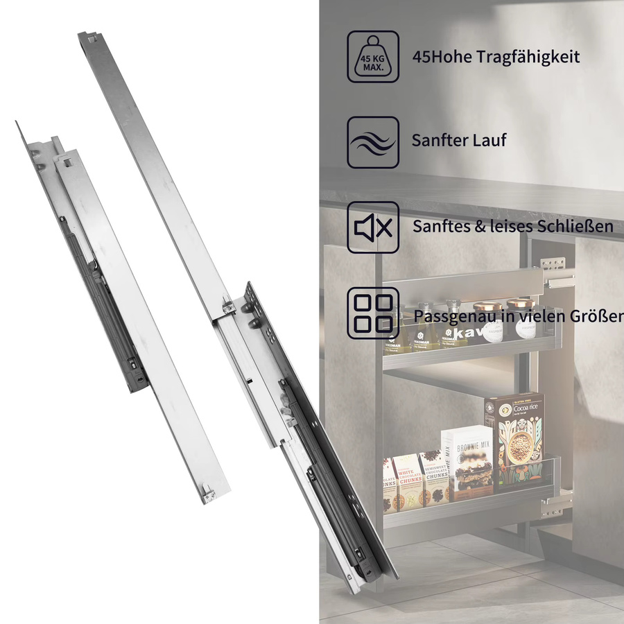 6 Paar Schubladenführungen mit Vollauszug und Soft-Close, silber, Tragfähigkeit: 40 kg, Länge: 300–450 mm - Bild 3