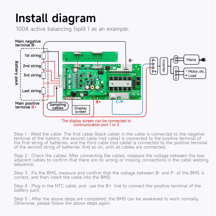 Daly Wechselrichter BMS für LiFePo4 8S 16S 24V 48V 100A mit Active Balancer und LCD für Growatt Deye Pylon-Wechselrichter inklusive Wi-Fi - Bild 4