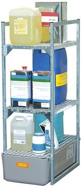 CEMO Fassregal Typ 120 Variante 1 mit Gitterrostauflage und GFK-Auffangwanne, Grau, B: 45 cm, H: 131 cm, T: 82 cm - Bild 1