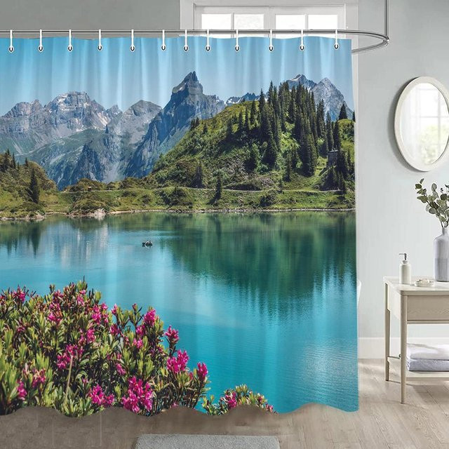 Monika Chen Duschvorhang mit Naturmotiv Landschaft Blumen und Bäume, wasserdicht und schimmelresistent, Polyester, Mehrfarbig, B: 60 cm, H: 190 cm - Bild 1