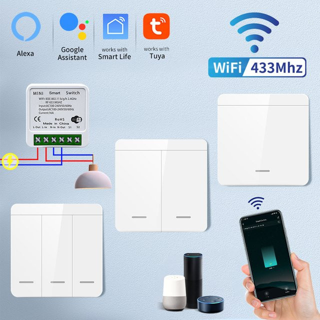 GGBEE Tuya Smart WiFi Lichtschalter mit RF 433MHz, Drahtloser Schalter in Weiß, Steuerung per App und Sprachsteuerung mit Alexa und Google Assistant - Bild 1