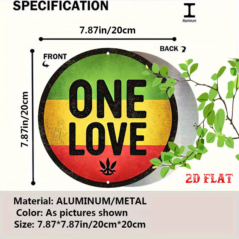 Potdemiel Reggae Spirit Rundes Aluminiumschild One Love Unity Metallwandkunst in Grün Gelb Rot Durchmesser: 20 cm - Bild 2