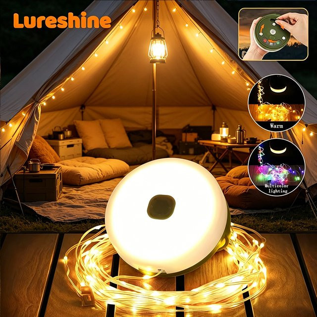 Lureshine 2-in-1 Camping Lichterkette mit 13 LED-Modi, USB-aufladbar, IP65 wasserdicht, Farbe Weiß/RGB - Bild 1