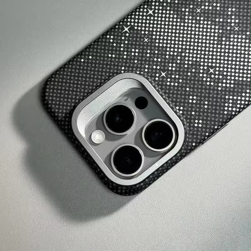 MagSafe Handyhülle mit Legierungslinsen-Ständerhalterung für iPhone 16 15 14 13 Pro Max, kabelloses Laden, Pixel-Textur, Hartes PC-Material, Farbe: Schwarz - Bild 1