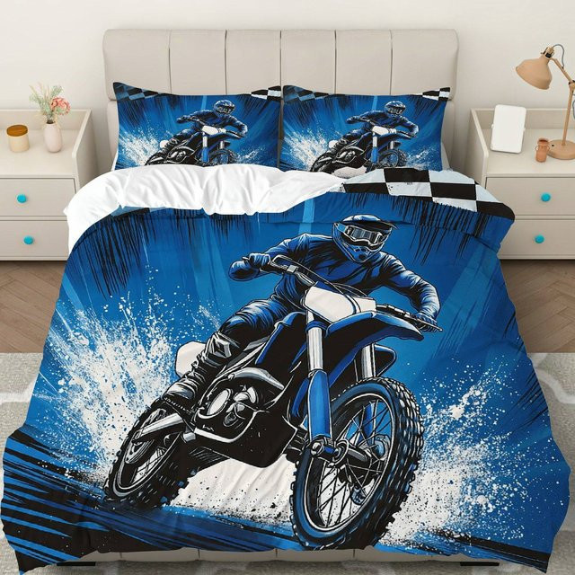 Blaues Motocross Bettwäscheset mit 3D-Druck aus Microfaser für Kinder und Jungen, bestehend aus Bettbezug und Kissenbezug, Breite: 140 cm, Länge: 210 cm - Bild 1