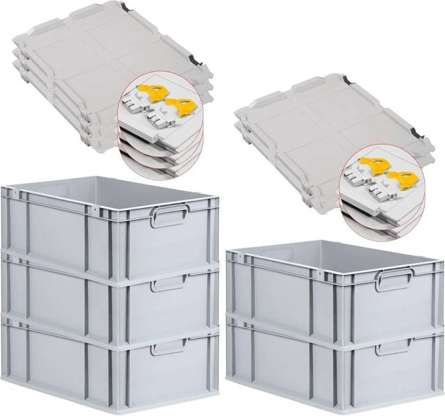 PROREGAL SuperSparSet 5x Eurobox NextGen Grip mit Scharnierdeckel und gelben Schiebeschnappverschlüssen, Grau, H: 22 cm, B: 40 cm, T: 60 cm - Bild 1
