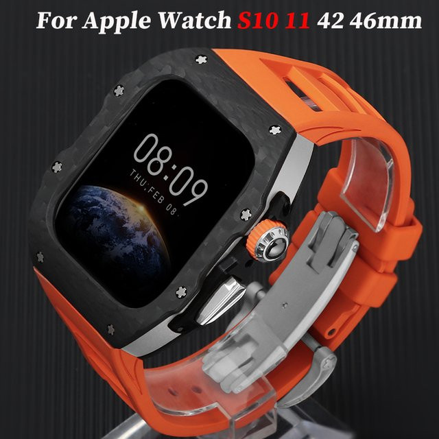 CHIICSMART Carbonfaser-Gehäuse Modifikations-Kit für Apple Watch Series 10 und 11 mit Gummiarmband, Schwarz, Unisex - Bild 1