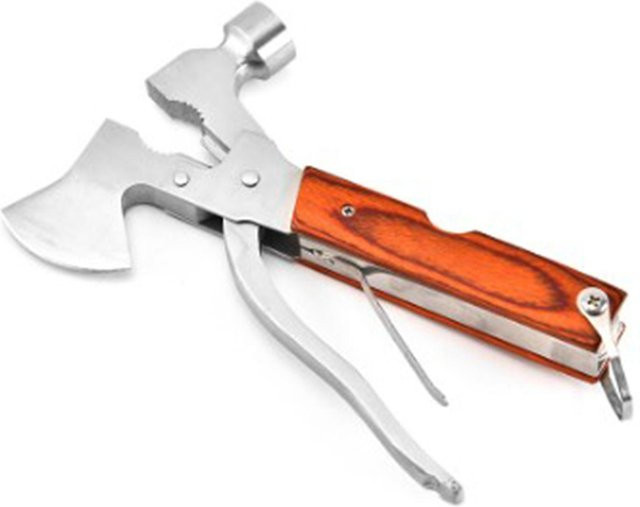 Igeteck Multitool Hammer aus Stahl mit Holzgriff, faltbarer Mehrzweckhammer für Camping, Wandern und Angeln, Farbe: Silber - Bild 1