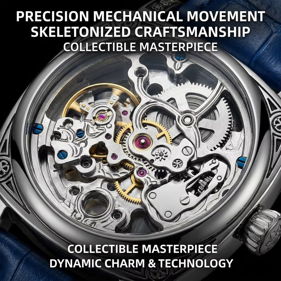 CAROTIF Armbanduhr, Skelett-Design, mechanisch, Edelstahl, Leder, Herren - Bild 1
