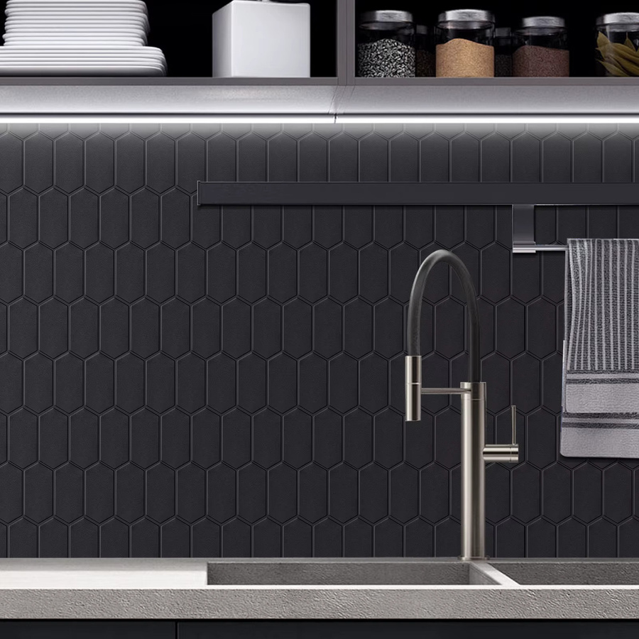 Vividtiles Wandfliesen 3D-Sechskant-Fliesenaufkleber in Schwarz Matt, 10 Blatt wasserdichte Vinyl-Tapete für Küche und Badezimmer - Bild 3