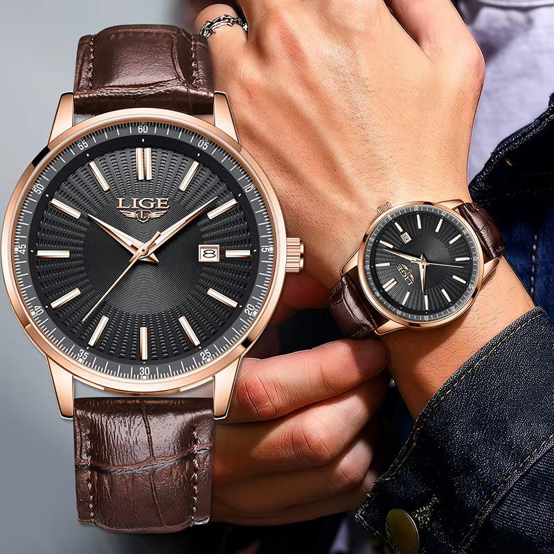 LIGE Armbanduhr Chronograph, Quarz, Leder, Schwarz, Roségold, Herren - Bild 6