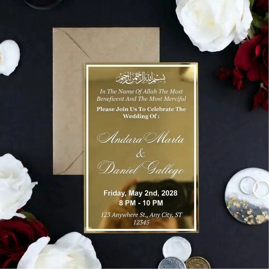 Personalisierte islamische Nikah-Einladungskarte von xiangfuju in Gold mit Koranvers, Acryl-Spiegel-Design, Breite: 12,7 cm, Höhe: 17,78 cm - Bild 3