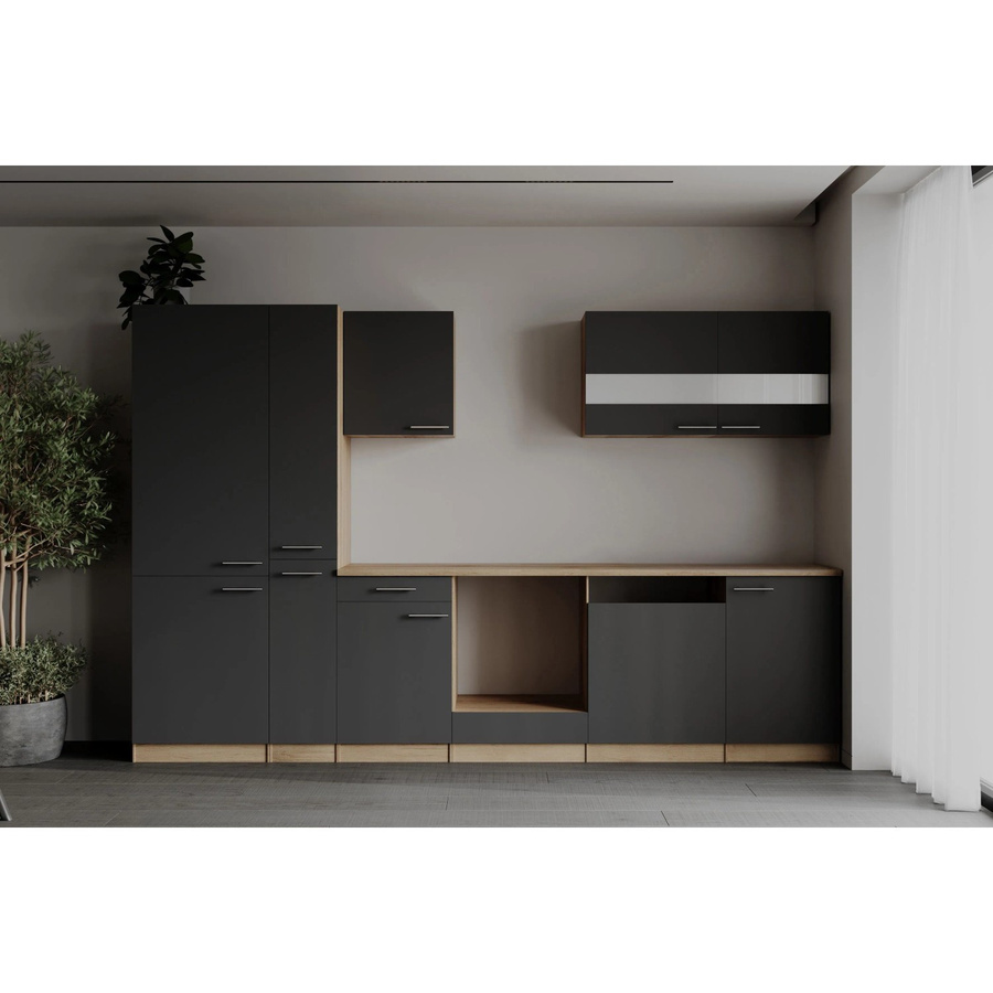 Respekta Küchenzeile Merle modern in Grau mit Eiche Sägerau Nachbildung und Soft-Close-Glasfronten, Breite: 310 cm, Höhe: 200 cm, Tiefe: 60 cm - Bild 2