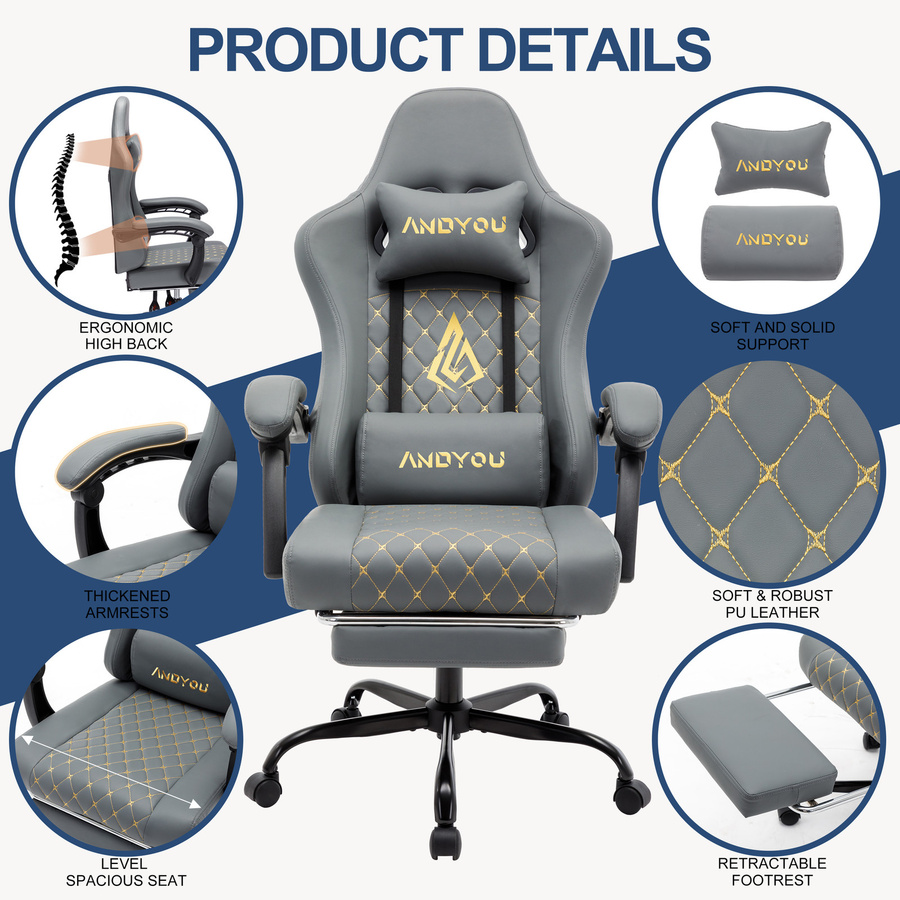 ANDYOU Ergonomischer Gaming Chair im Racing-Style aus PU-Leder, Grau, mit Kopfstütze und Armlehnen - Bild 2