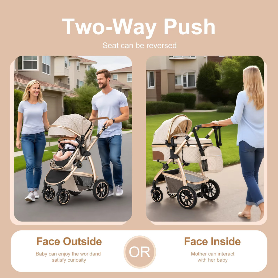 3-in-1 Babykinderwagen Kombikinderwagen mit Aluminiumrahmen und verstellbarem Griff in Schwarz oder Beige - Bild 2