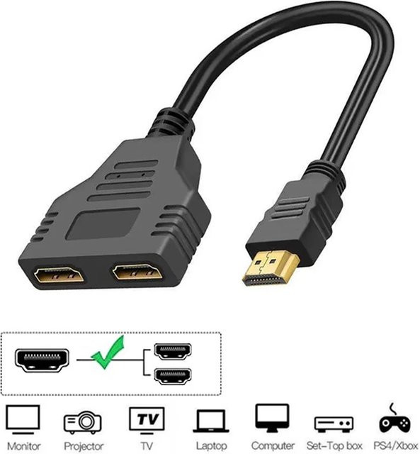 VORILYNEX HDMI Splitter-Adapterkabel in Schwarz mit 1 Eingang und 2 Ausgängen für HD 1080P, Dual-Buchsenanschluss Y-Kabel für Laptop, TV, Monitor, PC, DVD und Projektor - Bild 1