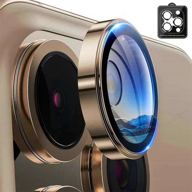 Kamera Objektiv Schutz Glas mit Metallring für iPhone 15 Pro Max und iPhone 16 Pro Max in Desert Titanium, 2-3 Stück - Bild 1