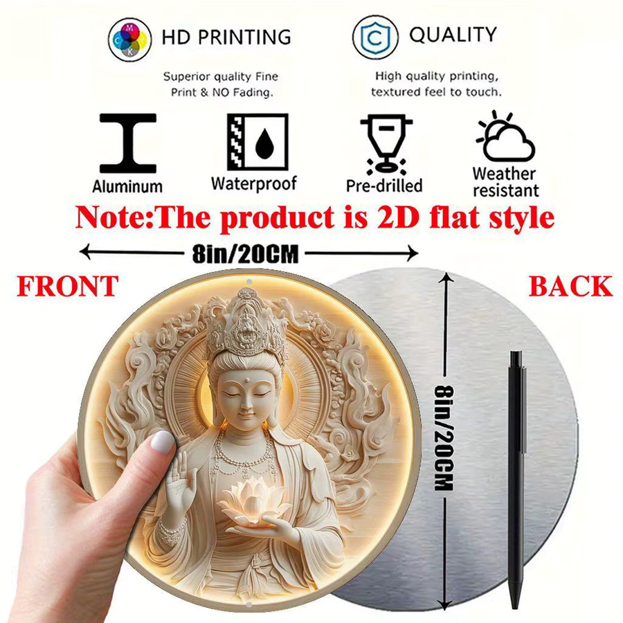 Potdemiel Rundes Vintage Wandbild Guanyin Bodhisattva aus Aluminium mit Blumenmotiv Durchmesser: 20 cm - Bild 2