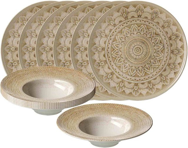 Ritzenhoff & Breker Gourmet-Set Rimini Mandala 12er Set aus Keramik in Beige und Grau mit geometrischem Design - Bild 1