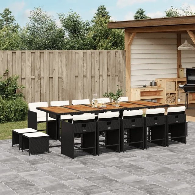 vidaXL 15-tlg Garten-Essgruppe aus Poly-Rattan und Akazienholz mit Kissen in Schwarz und Braun - Bild 1