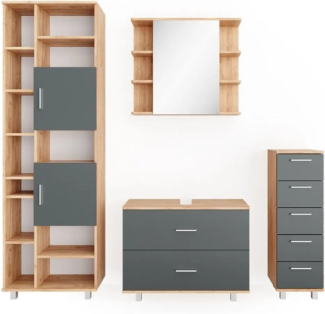 Vicco Badmöbel Set Ilias in Eiche und Anthrazit bestehend aus Spiegel, Kommode, Unterschrank und Badschrank - Bild 2