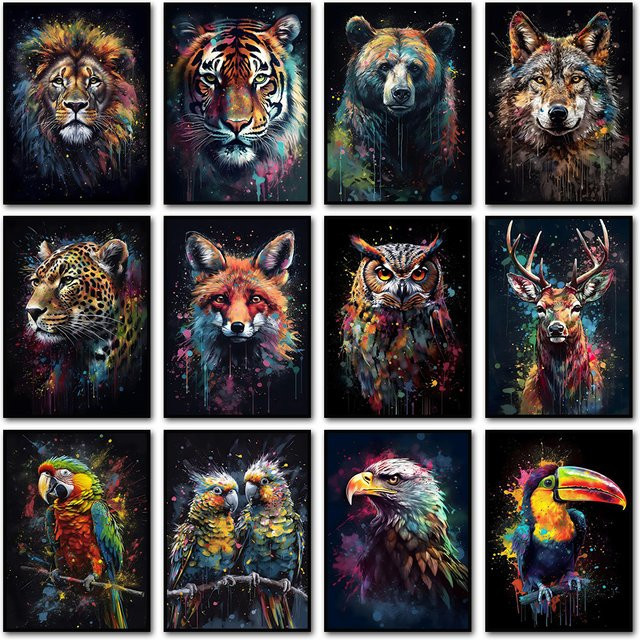 Potdemiel Graffiti Wandkunst Leinwand mit abstrakten Tieren wie Löwe, Tiger, Wolf, Bär und Hirsch in Multicolor - Bild 1