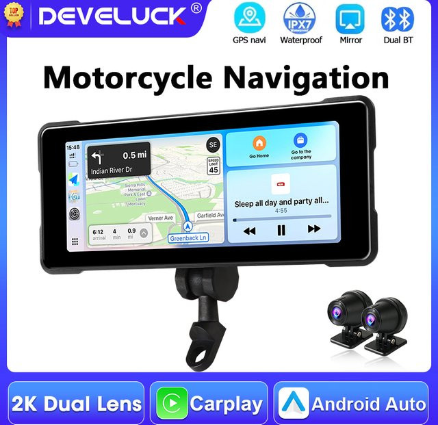 Develuck Tragbares Motorrad-GPS-Navigationsgerät mit 6,86 Zoll Display, Wireless CarPlay und Android Auto, Dual-Bluetooth, Moto-DVR-Monitor, IPX7 wasserdicht, Schwarz - Bild 1