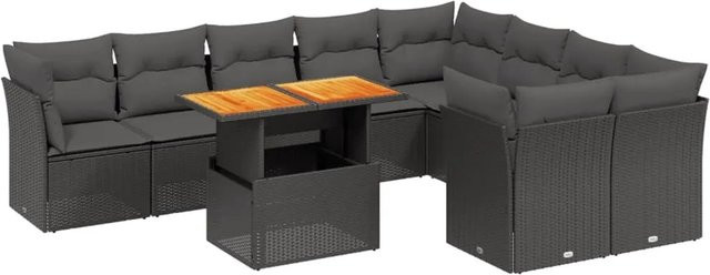 vidaXL 10-teilige Garten-Sofagarnitur in L-Form aus Polyrattan mit Kissen, Schwarz - Bild 1