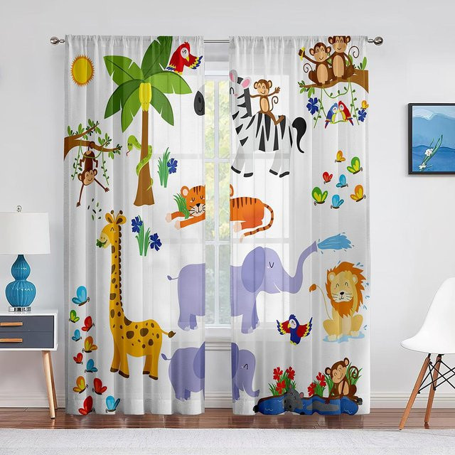 Yiran Furniture Transparenter Voile-Vorhang mit Dschungel-Safari-Tieren für Kinderzimmer, 2er-Set, Farbe: Transparent/Mehrfarbig, Breite: 85 cm, Höhe: 200 cm - Bild 1