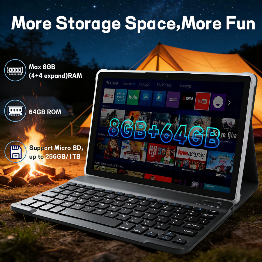 Paitanry 10,1 Zoll Android 15 Tablet mit Tastatur, 8 GB RAM, 64 GB ROM, Octa-Core, WiFi 6, Schwarz - Bild 5