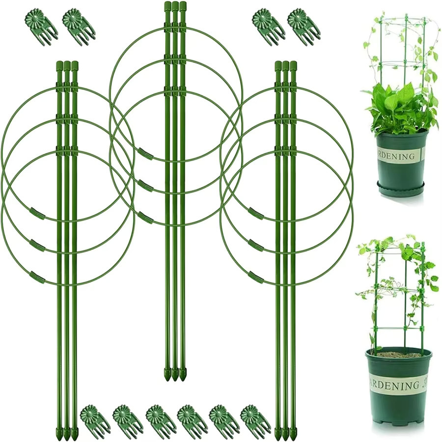 3er-Set Blumenständer aus Eisen und Kunststoff in Grün als Rankenstütze und Kletterpflanzenhalter - Bild 1