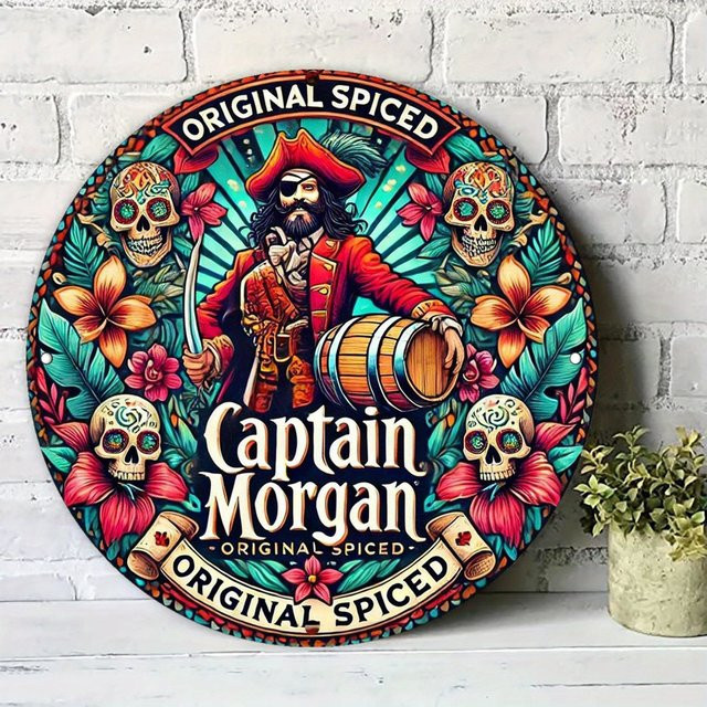 Captain Morgan Caribbean Spirit Rundes Metallschild von Potdemiel mit Blumen- und Totenkopf-Design in Multicolour, Durchmesser: 20 cm - Bild 1