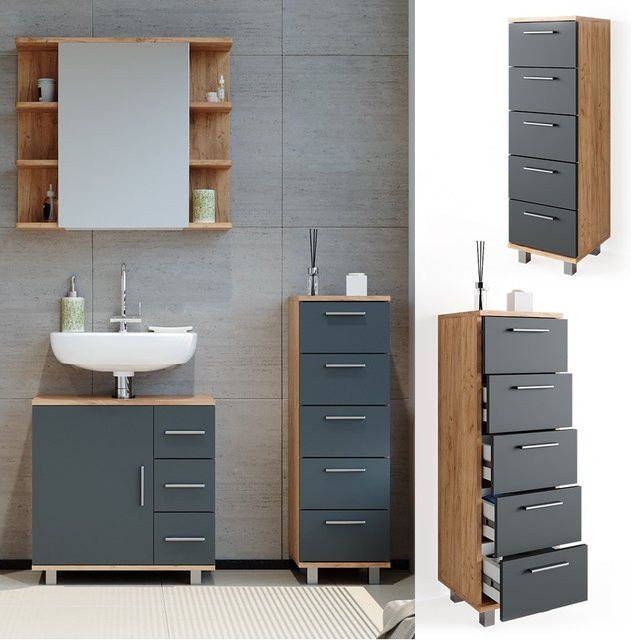 Vicco Beistellschrank Ilias Badschrank in Eiche und Anthrazit B/T/H: 30 x 30 x 95 cm - Bild 3