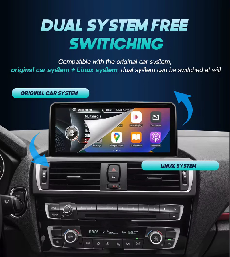 FAZY Auto-Multimedia-Bildschirm mit Linux für BMW X1 F48 und X2 F39 (2016-2022), 10,25 Zoll bis 12,3 Zoll, 1920x720 Auflösung, Android Auto und Wireless CarPlay, Schwarz - Bild 2