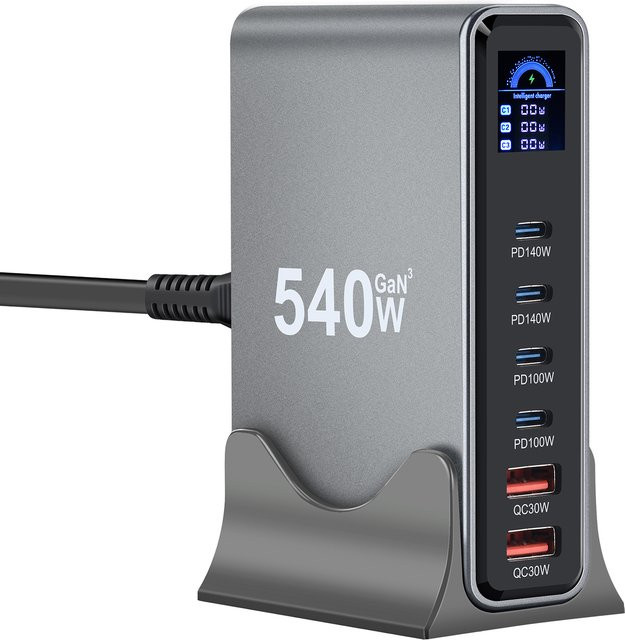 Deepartner 540W Desktop GaN Ladestation mit Display, Multi-Port Schnellladegerät in Grau mit 4 USB-C und 2 USB-A Anschlüssen - Bild 1