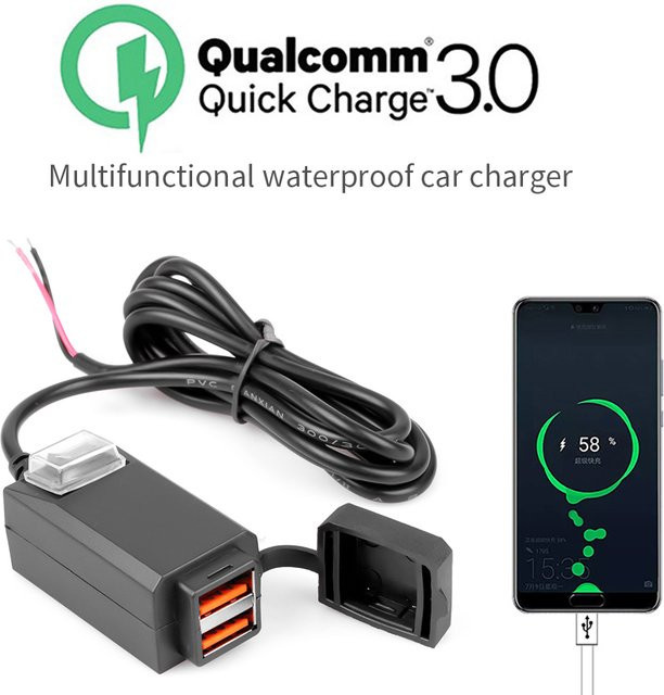 Multifunktions Motorrad Ladegerät mit Dual USB Adapter 12-24V, Wasserdicht und Staubdicht, Schwarz - Bild 1