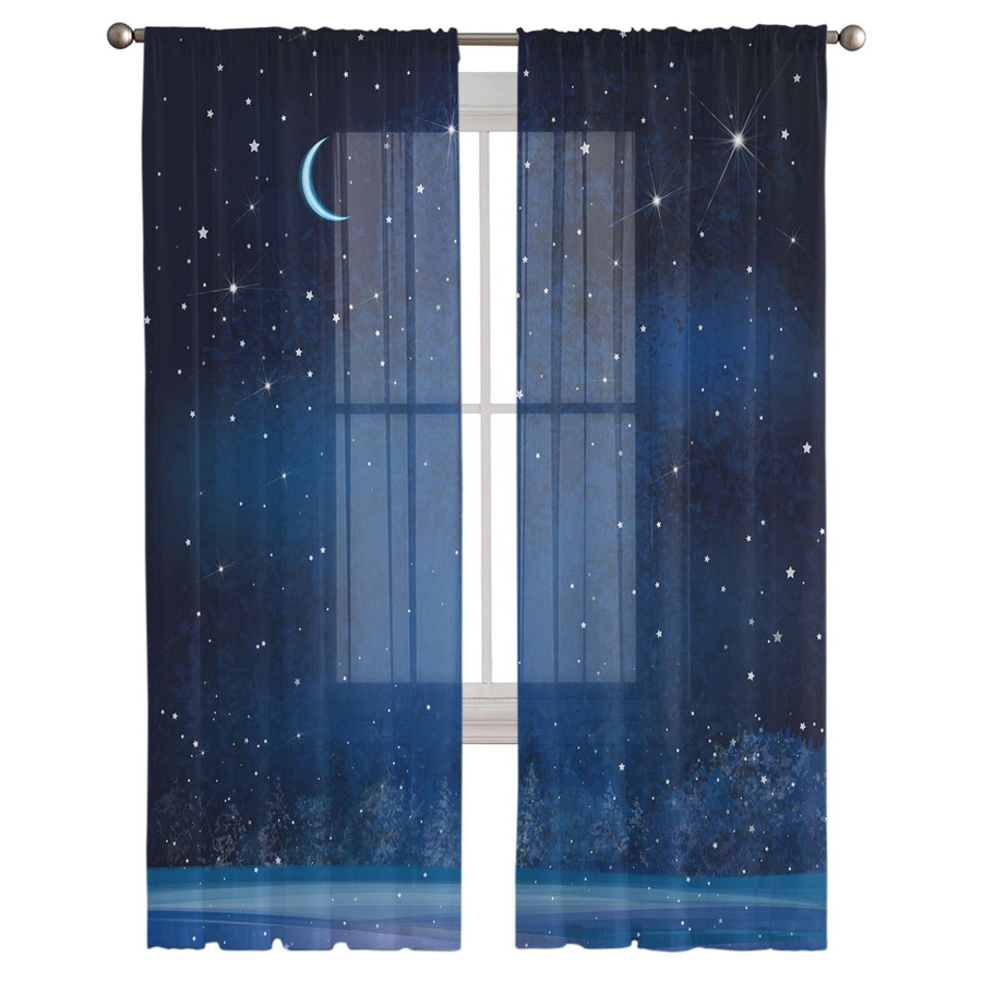 Transparentes Tüllvorhang mit Sternenhimmel Mond und Sternen Motiv von Household supplies MH, Chiffon Voile für Wohnzimmer, Küche oder Schlafzimmer, Breite: 100 cm, Höhe: 250 cm - Bild 2
