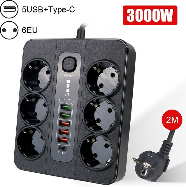 Verlängerungssteckdose mit Sicherheitsschalter und USB-Typ-C-Anschlüssen in Schwarz, 2 m Kabel, 3000 W mit Überlastschutz - Bild 1