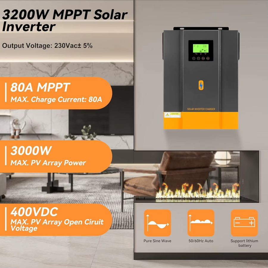 PowMr Solarwechselrichter 3,2 kVA 3000W 24V DC auf 230V AC mit integriertem 80A MPPT-Solarladeregler, Reiner Sinus, für AGM, Flüssig- und Lithiumbatterien, max. 400V PV-Eingang - Bild 2