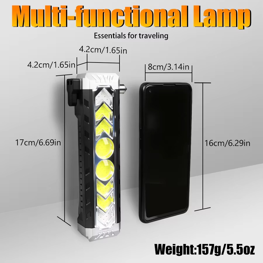 XIWANGFIRE EDC-Taschenlampe in Schwarz, solarbetrieben und wiederaufladbar, wasserdichte LED-Arbeitslampe mit Magnet, COB-Licht, Fensterbrecher und Cutter für Camping und Wandern - Bild 5