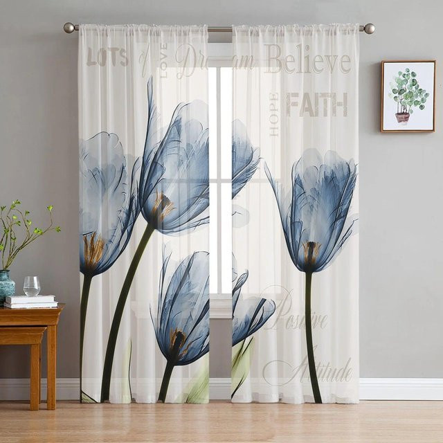 Transparenter Tüllvorhang mit blauem Tulpen-Blumenmuster von A Family Of Home Textiles in Beige, Breite: 135 cm, Höhe: 160 cm - Bild 1