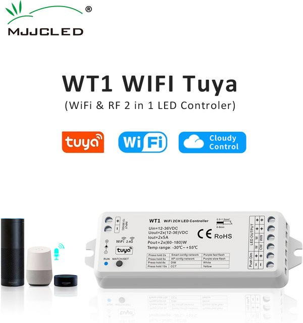 MJJCLED Tuya Smart Wifi LED Dimmer WT1 mit RF Wireless Remote für 12V 24V 36V DC, 2-Kanal CCT Controller zur Farbtemperatursteuerung - Bild 1