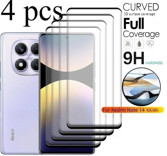 4er-Pack Xiaomi Redmi Note 14 Pro 4G Displayschutzfolien aus gehärtetem Glas, transparent, voll gebogen und bruchsicher - Bild 1
