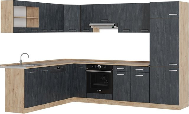 Vicco R-Line Eckküche in L-Form in Schwarz Beton und Eiche mit anthrazitfarbener Arbeitsplatte - Bild 1