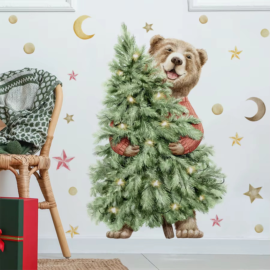 BRUP Wandtattoo mit lächelndem braunem Bären und Weihnachtsbaum als dekorativer Wandaufkleber für dein Zuhause - Bild 3